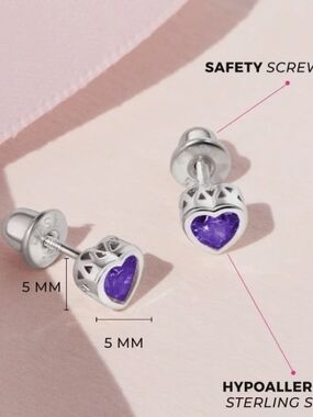 Sterling Silver Heart Stud Earrings with Purple Gemstone - Kids